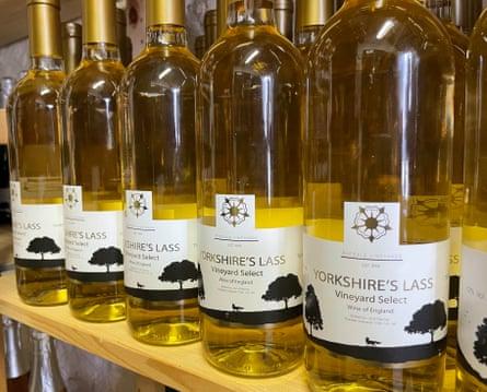 Shelf of Yorkshire’s Lass white wine at Ryedale Vinyards, Malton, Yorkshire, UK.