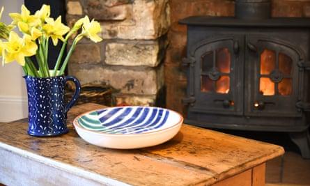 Skylark Cottage, fireplace with wood-burner