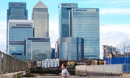 The Thames Path in North Greenwich, with a view of Canary Wharf.