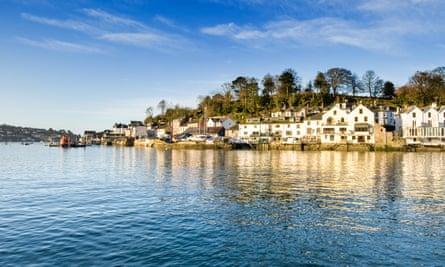 Fowey village and estuary in Cornwall on a bright February morning.